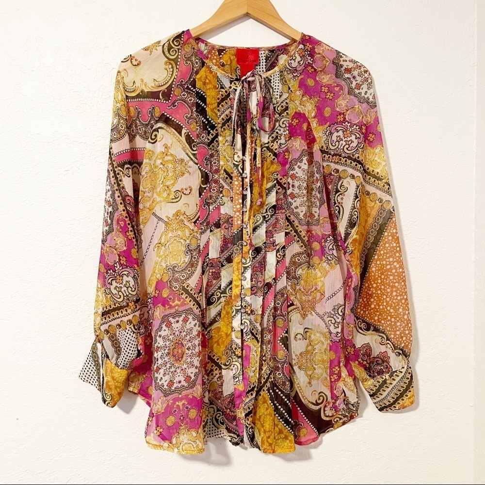 V Cristina Abstract Sheer Blouse Size Medium Multicolor